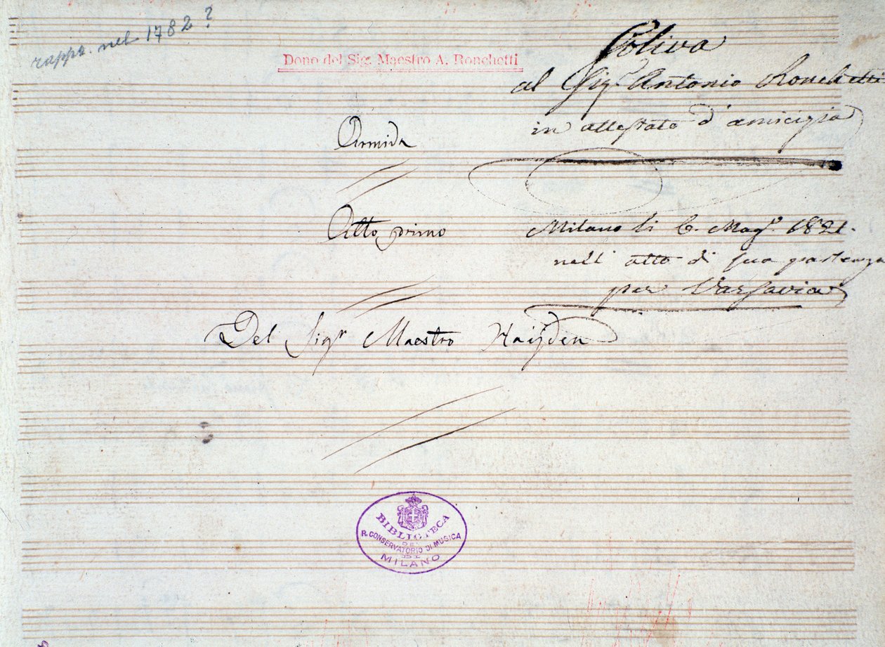 J Haydnin (1821) menuetin Armida ensimmäinen sivu tekijältä Joseph Haydn
