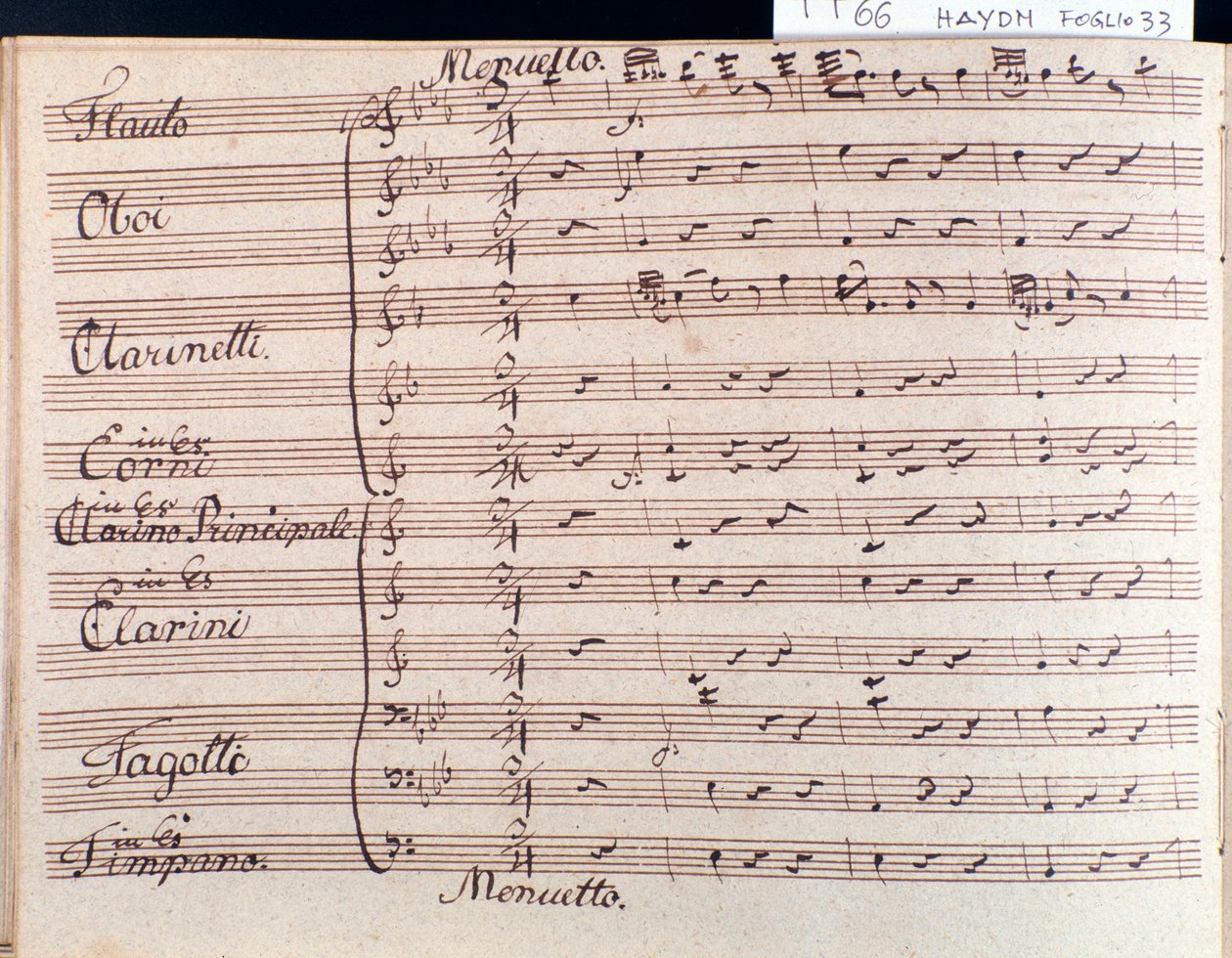 J Haydnin Sinfonian 66 B-duuri menuetin nuottipartituurin ensimmäinen sivu tekijältä Joseph Haydn