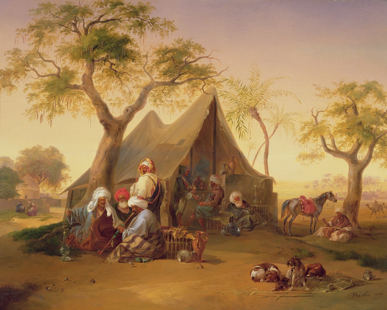 Sheikit juomassa kahvia teltan edessä, 1842 tekijältä Joseph Heicke