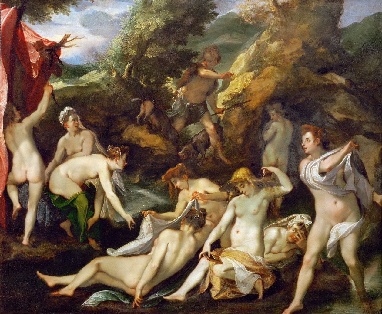 Barokki : Diane et Acteon - Diana ja Actaeon par Heintz, Joseph, vanhempi (1564-1609), n. 1595. Öljy kuparille, 40x49. Taidehistoriallinen museo, Vienne tekijältä Joseph Heintz