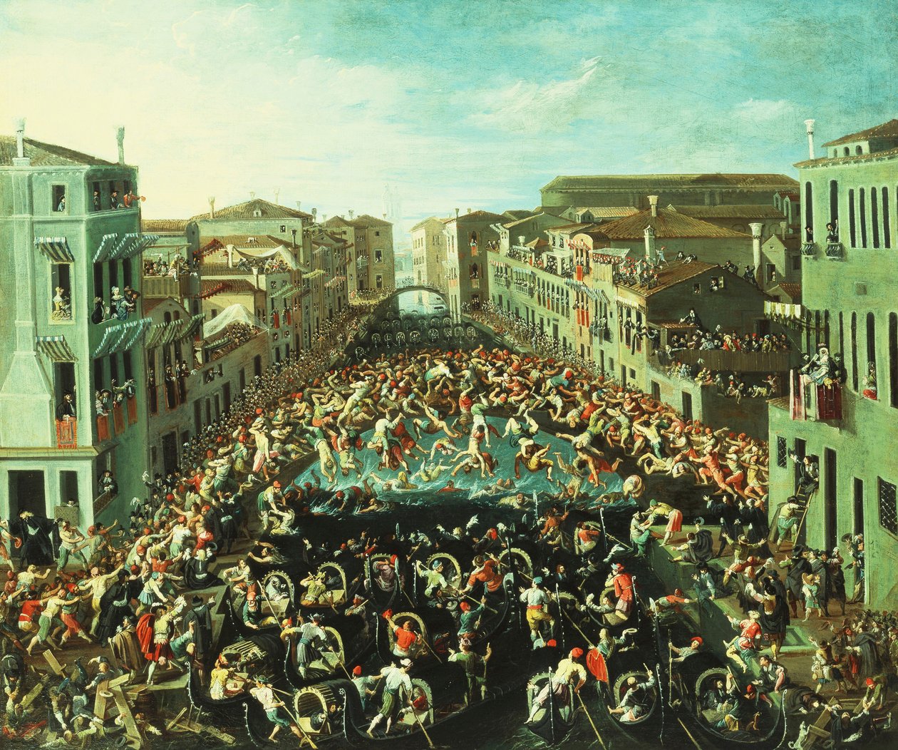 Nicolottien ja Castellanien välinen taistelu Ponte dei Pugnilla, Venetsia, 1673 tekijältä Joseph Heintz