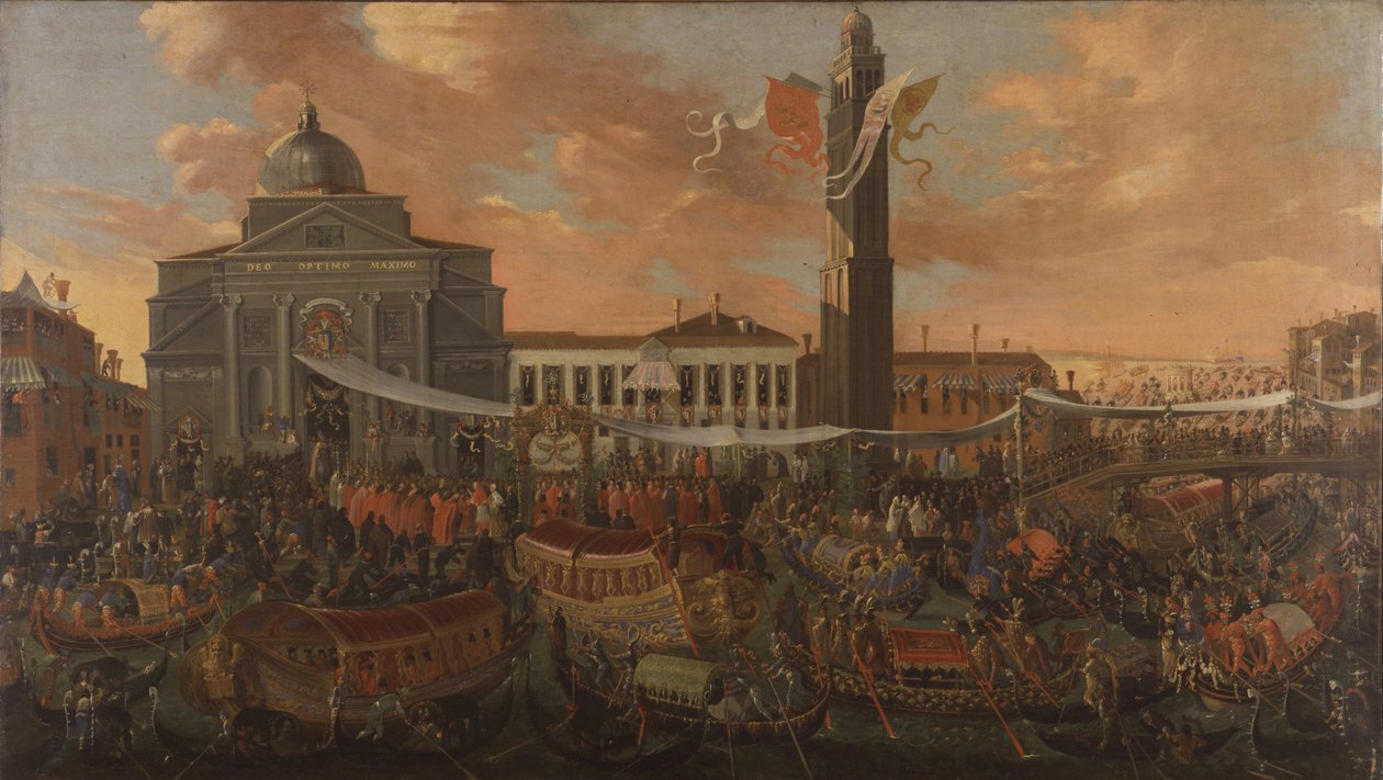 Italian kieli: Patriarkka Federico Cornerin sisäänkäynti San Pietro di Castellossa.
Saksa: Einzug des Patriarchen Federico Corner in San Pietro Castello. tekijältä Joseph Heintz the Younger