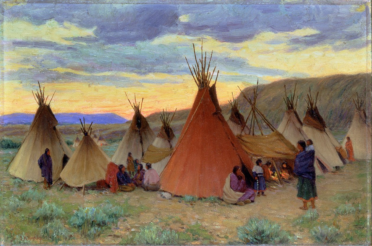 Ilta Crow Reservationissa, Montana (öljy kankaalle) tekijältä Joseph Henry Sharp