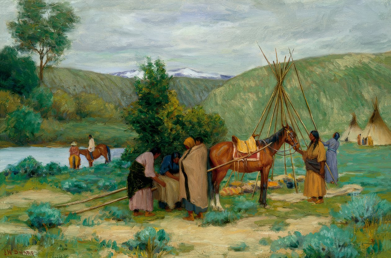 Leirin pystyttäminen, Little Big Horn, Montana tekijältä Joseph Henry Sharp