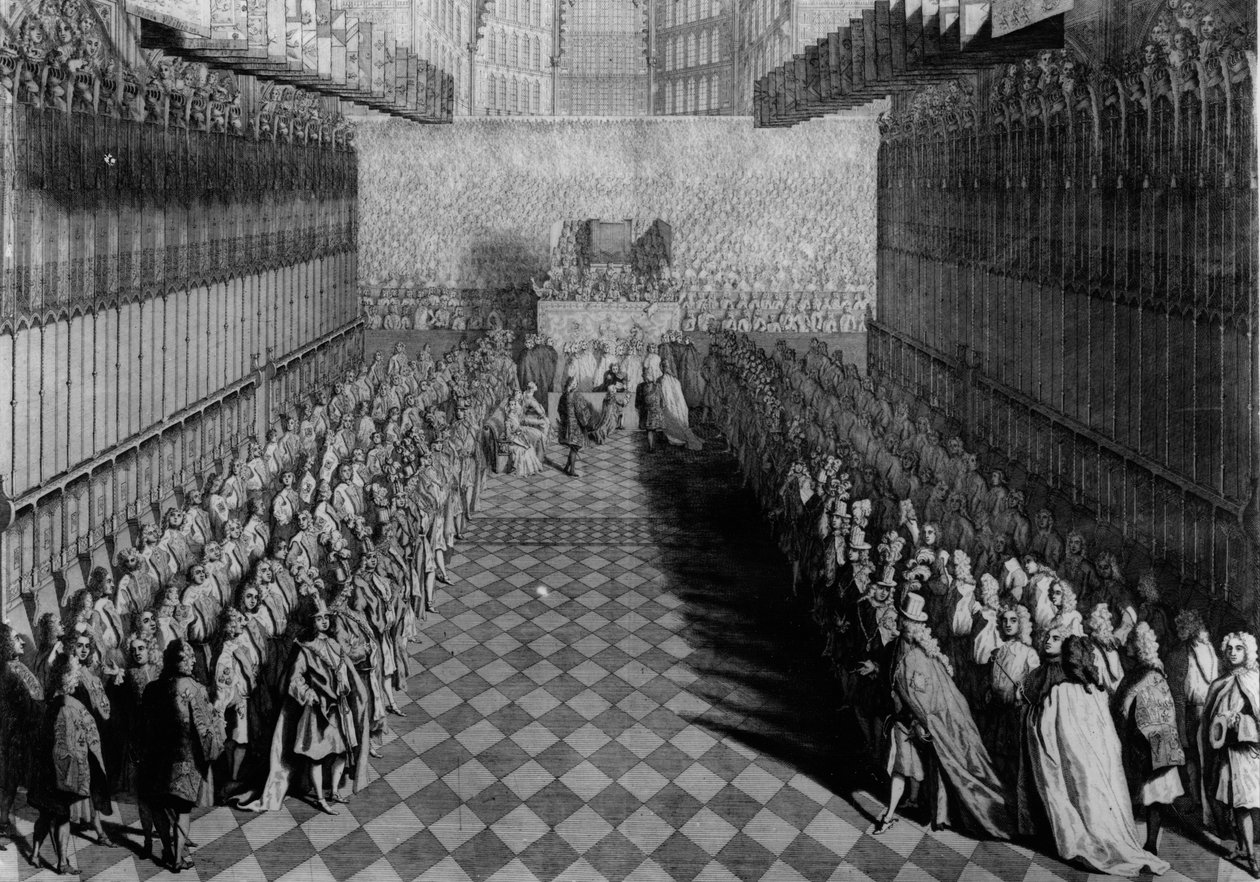 Prinssi William tarjosi miekkansa dekaanille alttarilla, ritarit seisovat lippujensa alla, julkaistu vuonna 1730, kaiverrettu J. Pine tekijältä Joseph Highmore