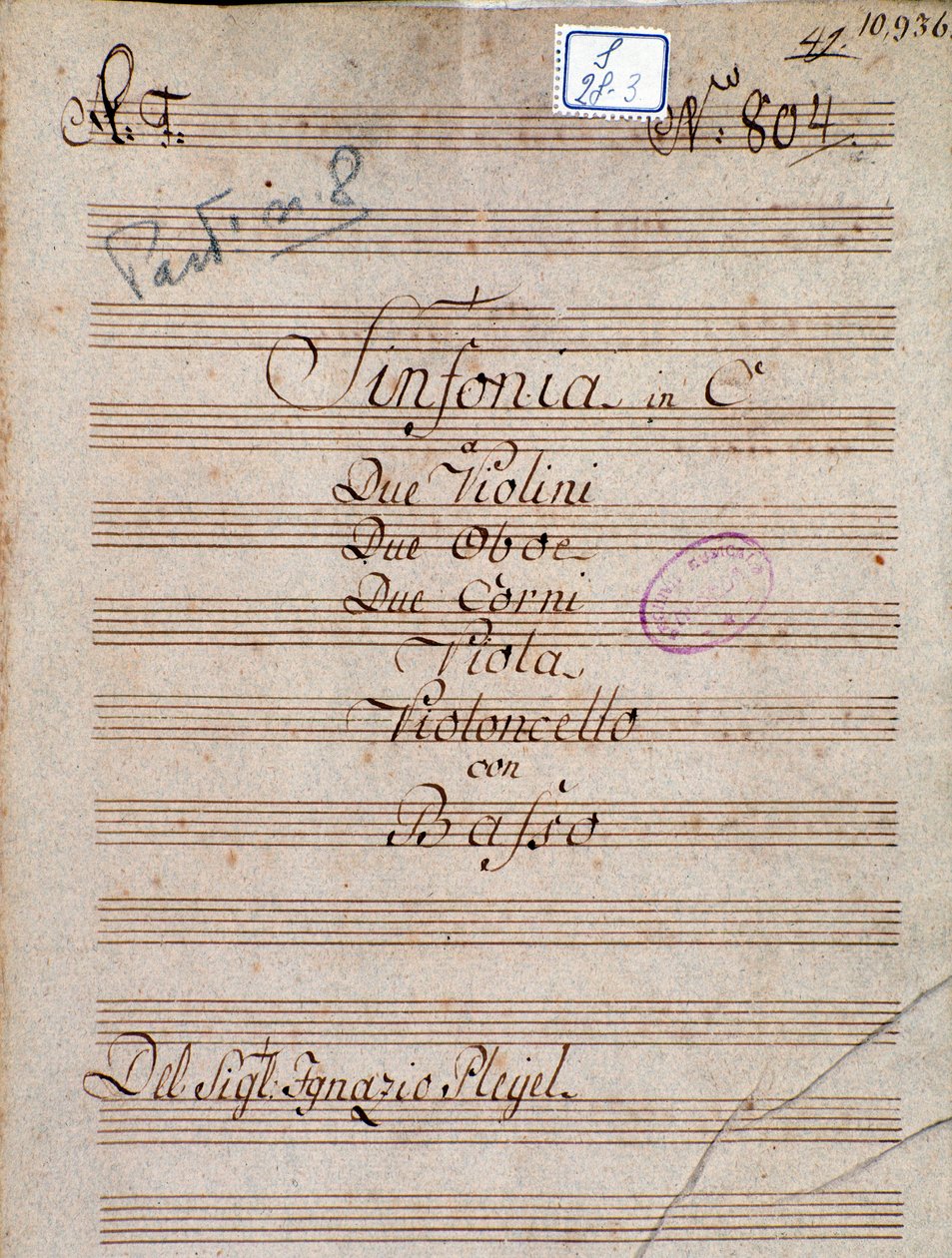 Ensimmäinen sivu Pleyelin sinfonian sävelle C:ssä tekijältä Joseph Ignace Pleyel