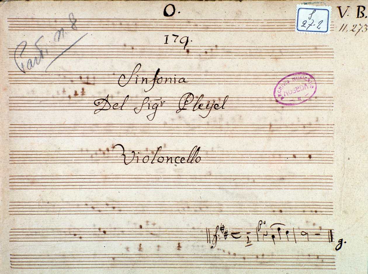 Ensimmäinen sivu Pleyelin sinfoniasta D-duurissa tekijältä Joseph Ignace Pleyel