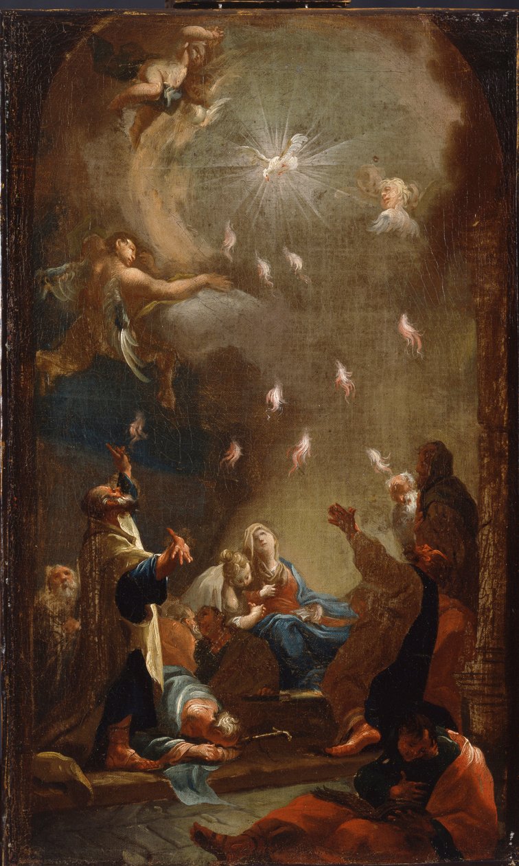Pyhän Hengen laskeutuminen (helluntai) - Joseph Ignaz Mildorferin (1719-1775) maalaus, öljy kankaalle, noin 1750 - (Pyhän Hengen laskeutuminen (helluntai), J.I.Mildorferin öljy kankaalle, n. 1750) - Magyar Nemzeti Galeria (Unkari) tekijältä Joseph Ignaz Mildorfer