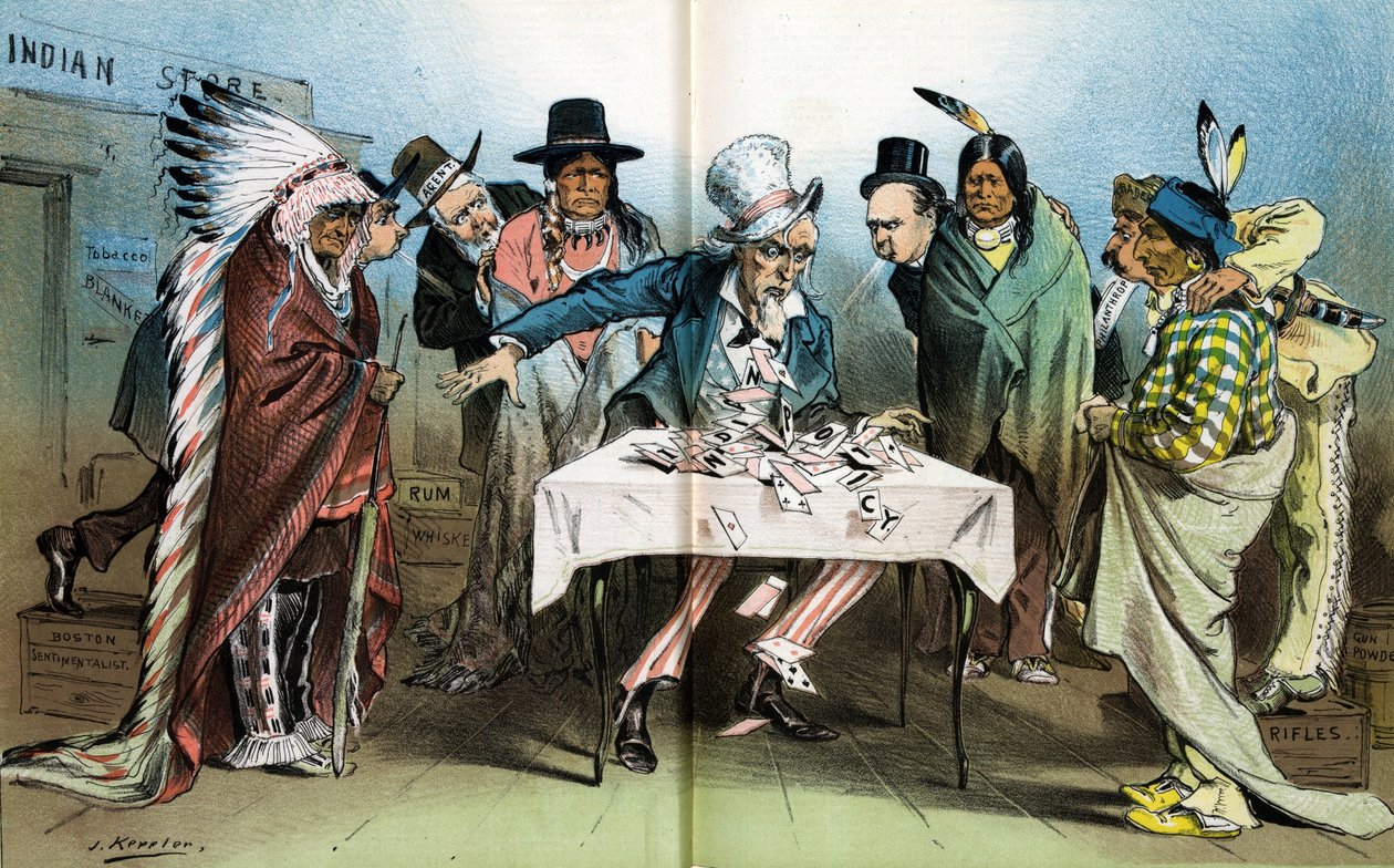 Intiaanipolitiikkamme, korttitalo, 1881 tekijältä Joseph Keppler