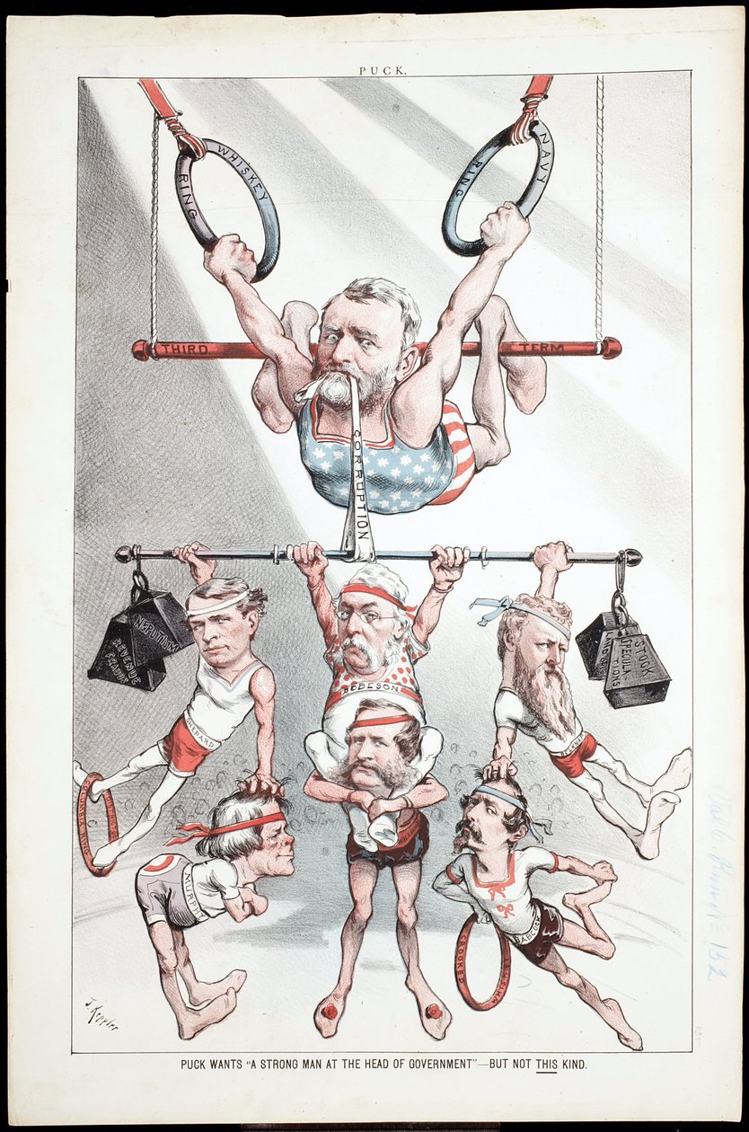 Puck haluaa "vahvan miehen hallituksen johtoon" - mutta ei tällaista, 1880 tekijältä Joseph Keppler
