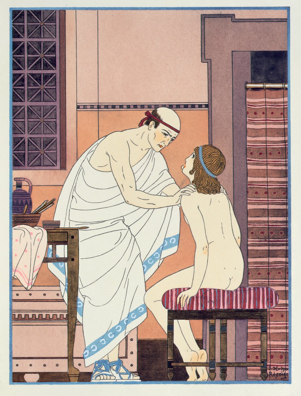 Kurkkututkimus, kuvitus teoksesta "Hippokrateen täydelliset teokset", 1932 tekijältä Joseph Kuhn Regnier