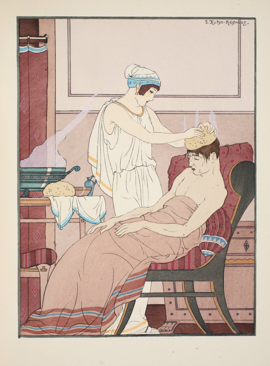 Päähän laitetaan kuumassa vedessä kasteltu sieni, kuva teoksesta "Hippokrateen teokset", 1934 tekijältä Joseph Kuhn Regnier