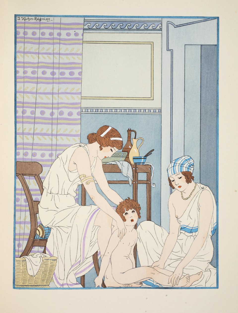 Imeväisten hoito, kuvitus teoksesta "The Works of Hippokrates", 1934 tekijältä Joseph Kuhn Regnier