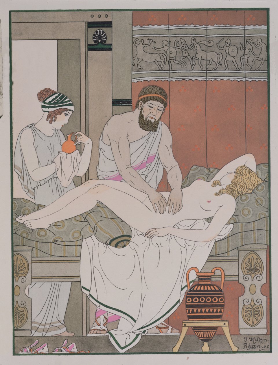 Potilaan tutkimus, kuvitus teoksesta "Hippokrateen täydelliset teokset", 1932 tekijältä Joseph Kuhn Regnier