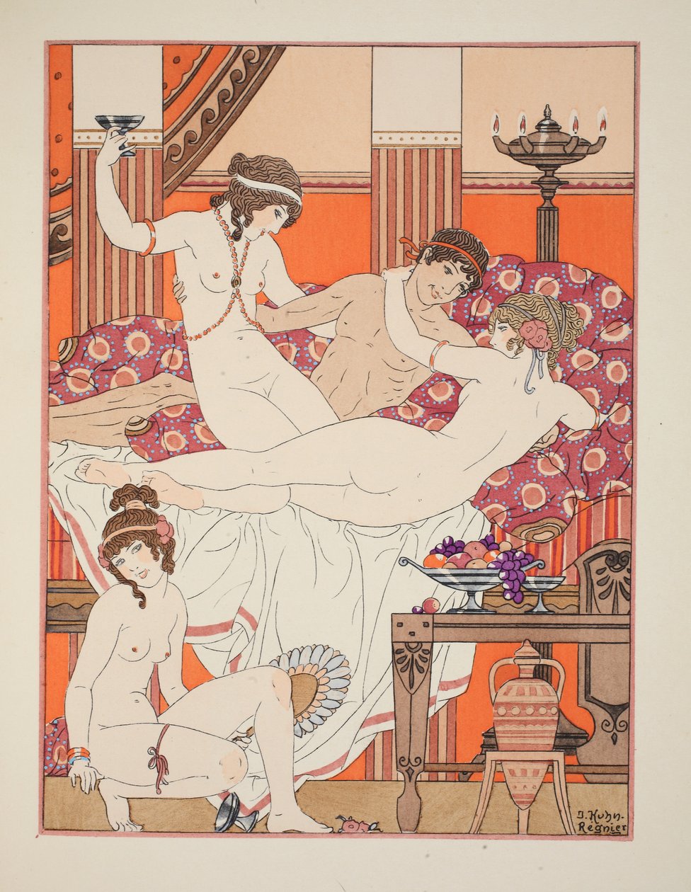 Ylimääräistä viiniä ja naisia, kuvitus teoksesta The Works of Hippokrates, 1934 tekijältä Joseph Kuhn Regnier