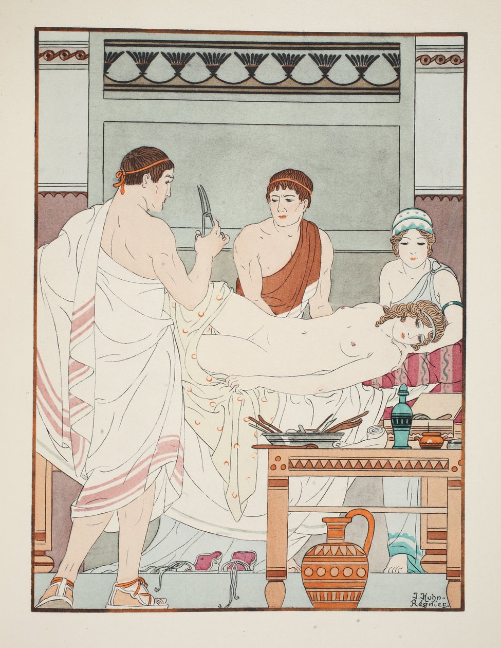 Gynekologinen tutkimus, kuvitus teoksesta "Hippokrateen teokset", 1934 tekijältä Joseph Kuhn Regnier