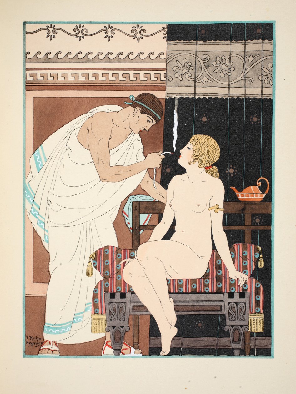 Inhalaatioterapia, kuvitus teoksesta "The Works of Hippocrates", 1934 tekijältä Joseph Kuhn Regnier