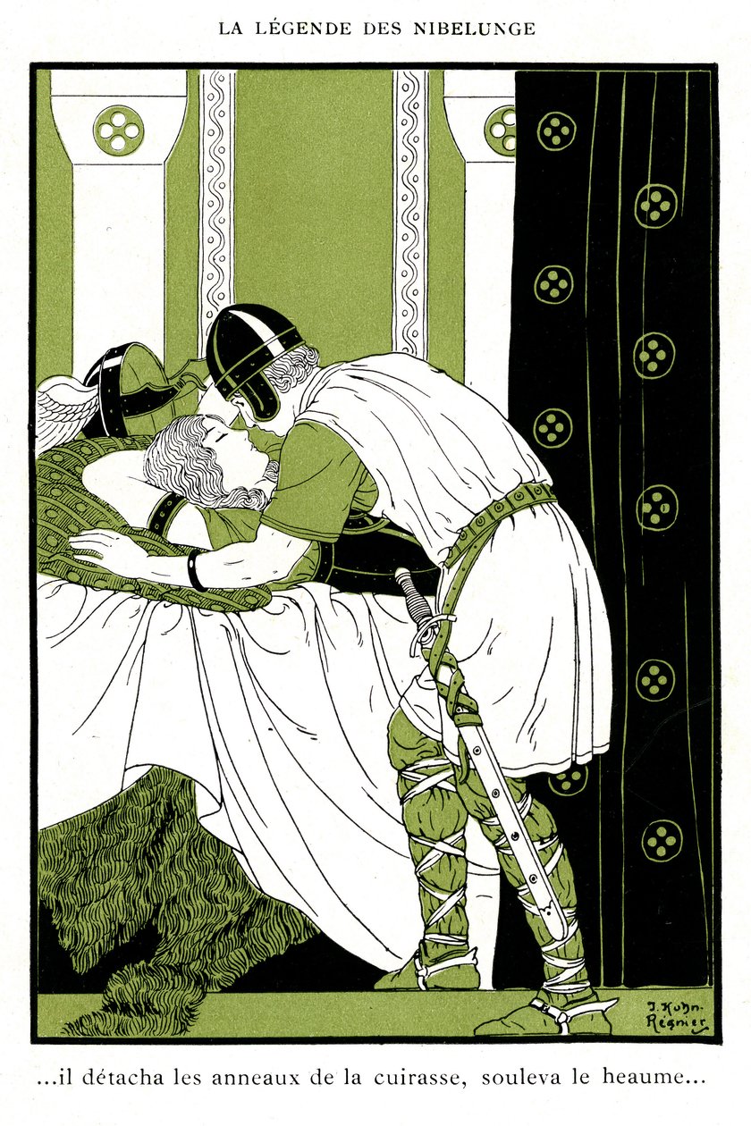 Nibelungen legenda: Siegfried syleilee Walkyrie Brunnhildea (kromolitografia) tekijältä Joseph Kuhn Regnier