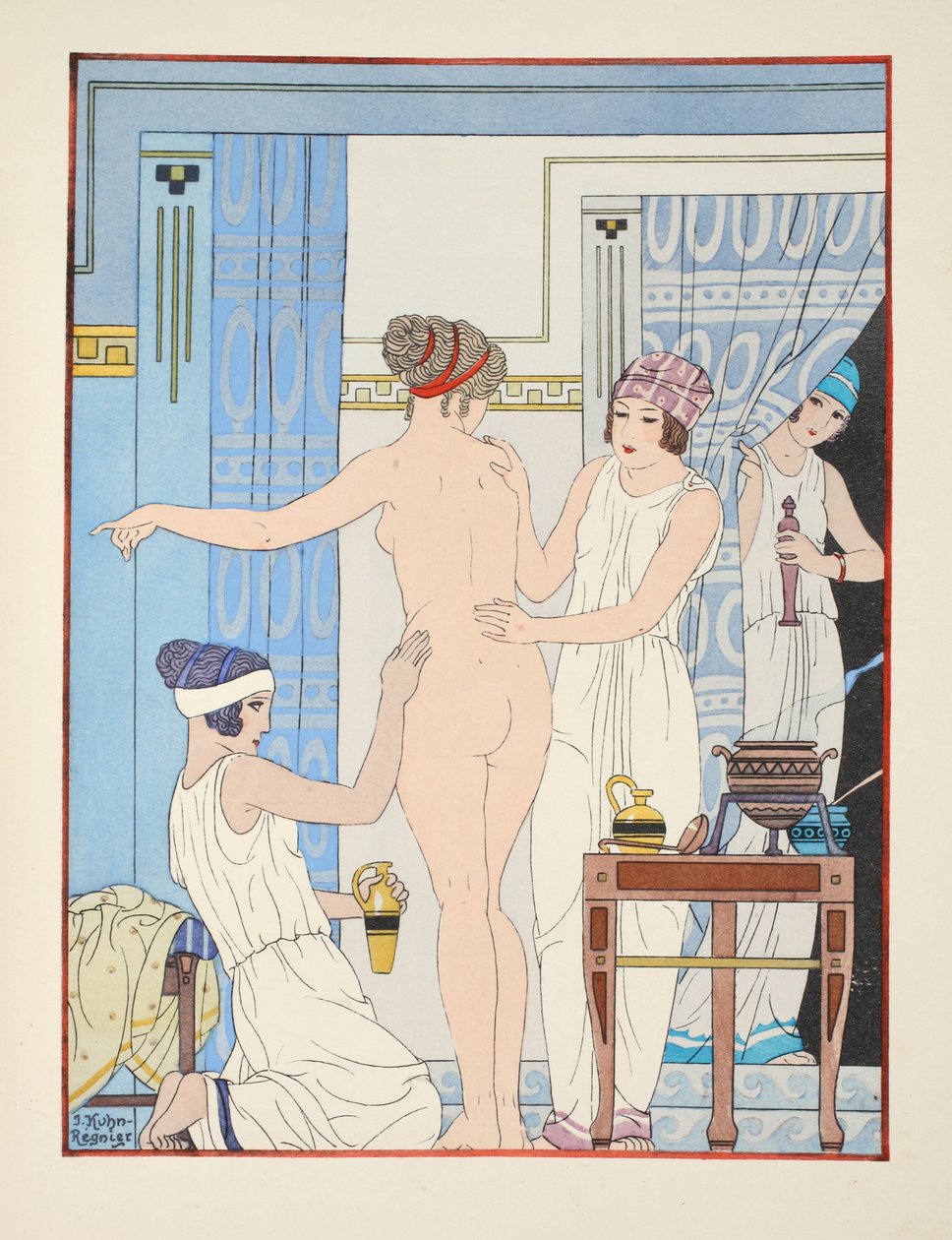 Lääketieteellinen hieronta, kuvitus teoksesta "Hippokrateen teokset", 1934 tekijältä Joseph Kuhn Regnier