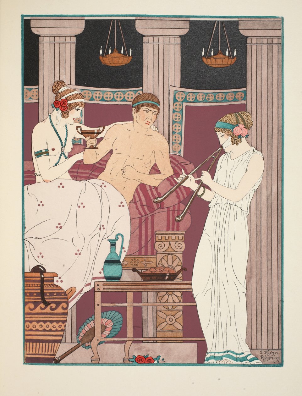 Musiikkiterapia, kuvitus teoksesta "The Works of Hippocrates", 1934 tekijältä Joseph Kuhn Regnier