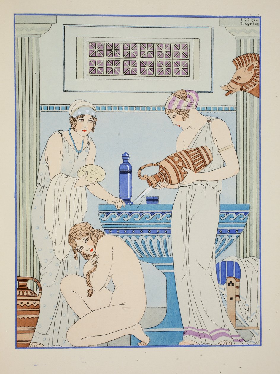 Veden kaataminen potilaan päälle, kuvitus teoksesta "Hippokrateen teokset", 1934 tekijältä Joseph Kuhn Regnier