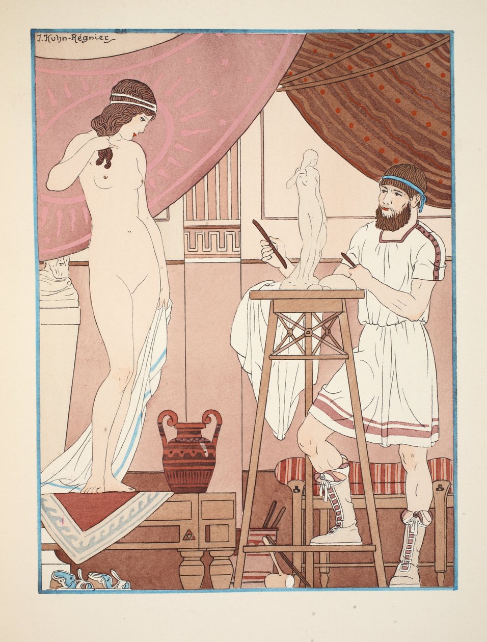 Patsaan veisto, kuvitus teoksesta "Hippokrateen teokset", 1934 tekijältä Joseph Kuhn Regnier