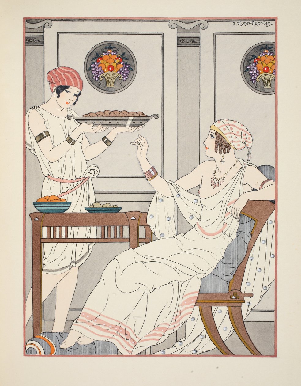 Seesamikakkujen ja hunajaa sisältävien makeisten kohtuuton kulutus, kuvitus teoksesta "Hippokrateen teokset", 1934 tekijältä Joseph Kuhn Regnier