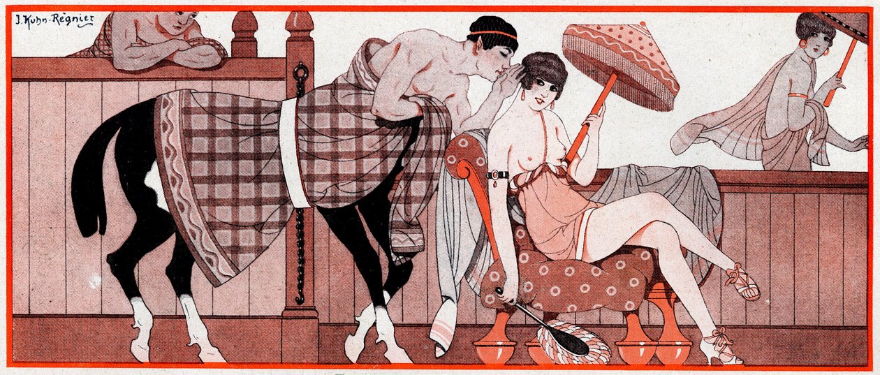 Mikä oli olympiakaudella Le Prix de Diane - Jockeys Tip - kuvitus la Vie Parisiennesta, 1927 tekijältä Joseph Kuhn Regnier