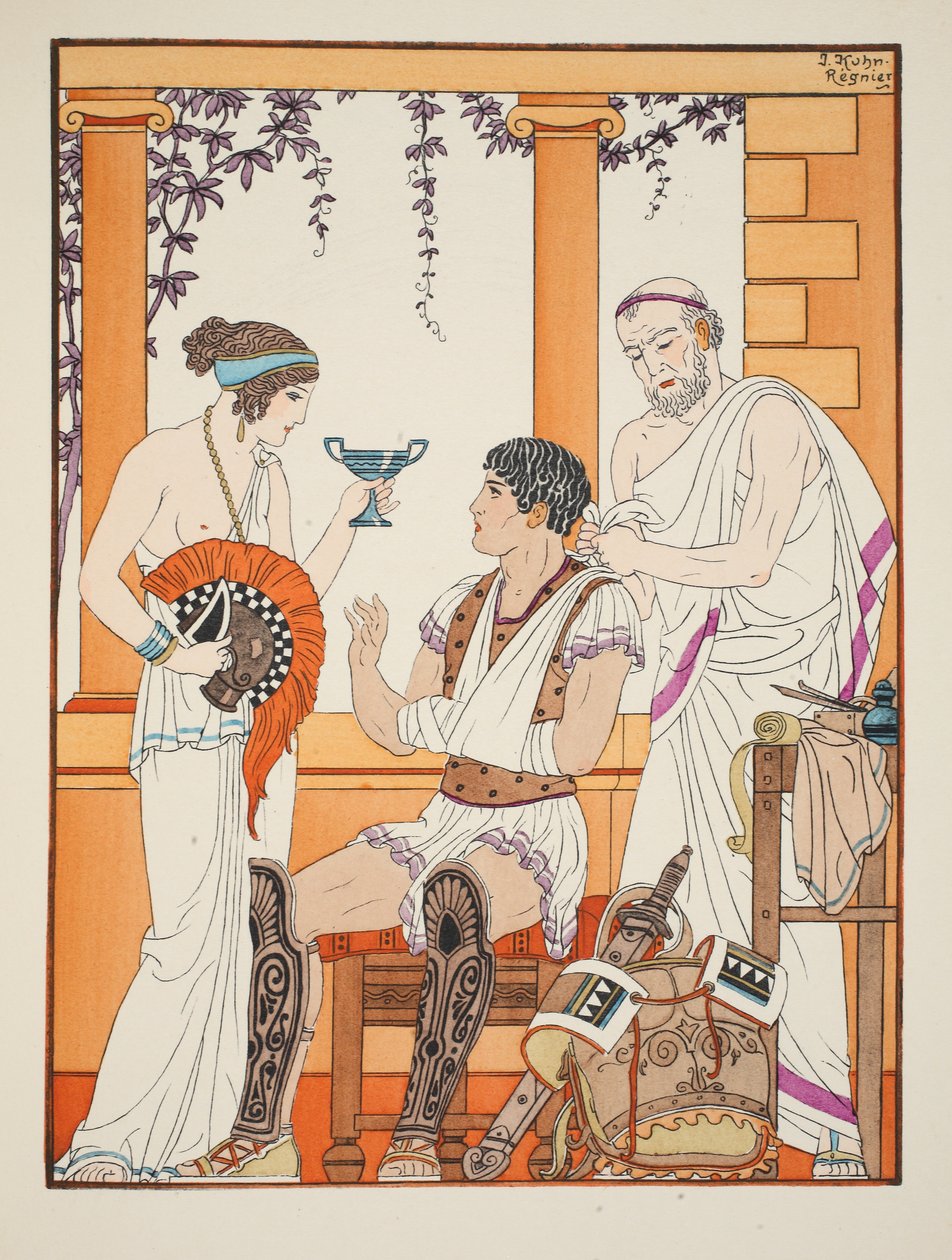 Haavoittunut sotilas käsi hihnassa, kuvitus teoksesta "Hippokrateen teokset", 1934 tekijältä Joseph Kuhn Regnier