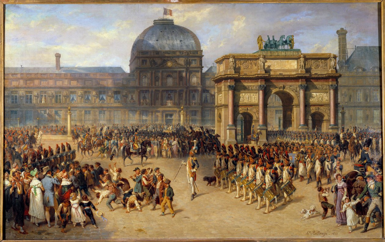 A Day of Review Under the Empire (1810) Joseph Louis Hippolyte Bellangen (1800-1866) ja Adrien Dauzatsin (1804-1868) maalaus 1862 su. 1,01 x 1,61 m tekijältä Joseph Louis Hippolyte Bellange