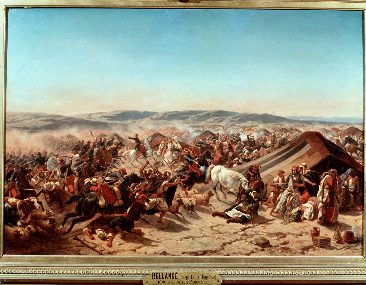 Algerian valloitus (1830-1847): Abd el Kaderin (Abd-el-Kader tai ibn Muhyi al-Din al-Hasani (al Din al-Hasani) (1807-1883) Smalahin (Smalan) vangitseminen Aumalen herttua Taguinissa tekijältä Joseph Louis Hippolyte Bellange