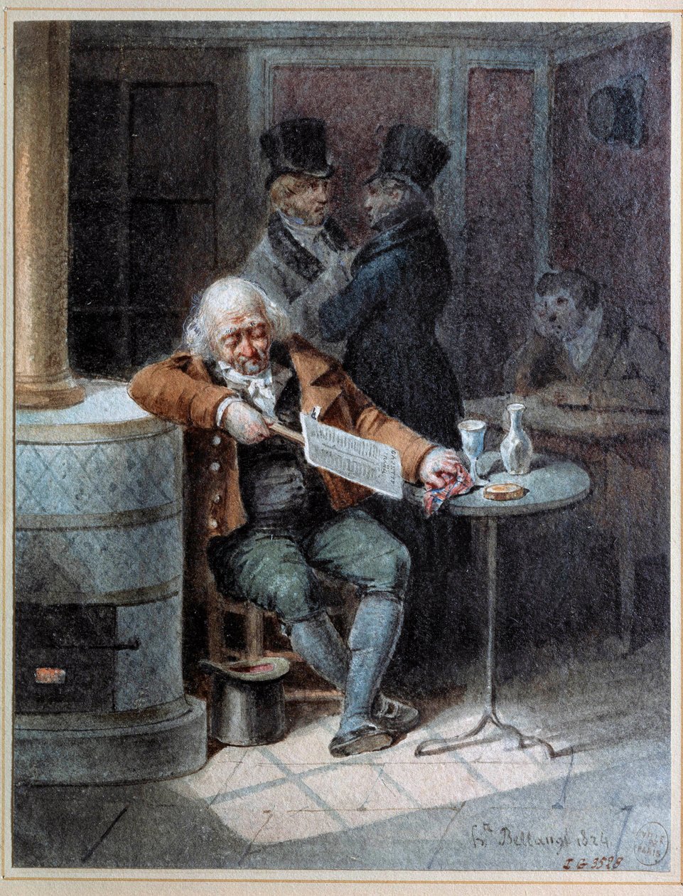 Lehden lukeminen"": vanha mies nukkui kahvilassa lukemassa sanomalehteä "The Gazette" vuonna 1824. Joseph Louis Hippolyte Bellangen litografia (1800-1866) 1824 Paris, Musee Carnavalet tekijältä Joseph Louis Hippolyte Bellange