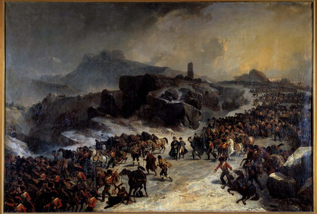 Sierra Guadaraman ylitys (Guadarrama) Espanjassa joulukuussa 1808. Joseph Louis Hippolyte Bellangen (1800-1866) maalaus 1800-luvun Pariisi, Armeijamuseo tekijältä Joseph Louis Hippolyte Bellange