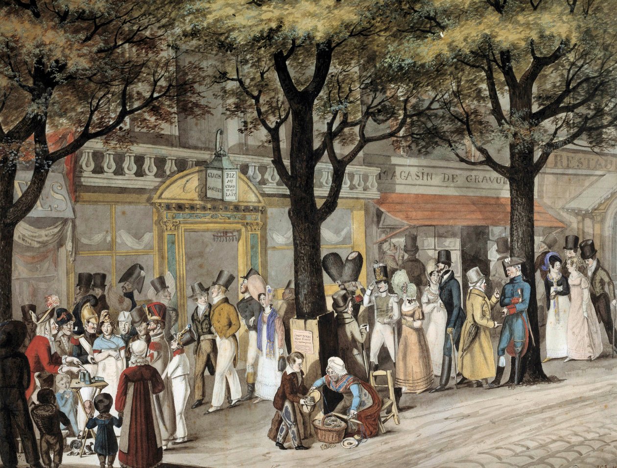 Kävele bulevardilla Pariisissa vuonna 1819 Joseph Louis Bellangen (1800-1866) akvarelli 1819 Paris, Musee Carnavalet tekijältä Joseph Louis Hippolyte Bellange