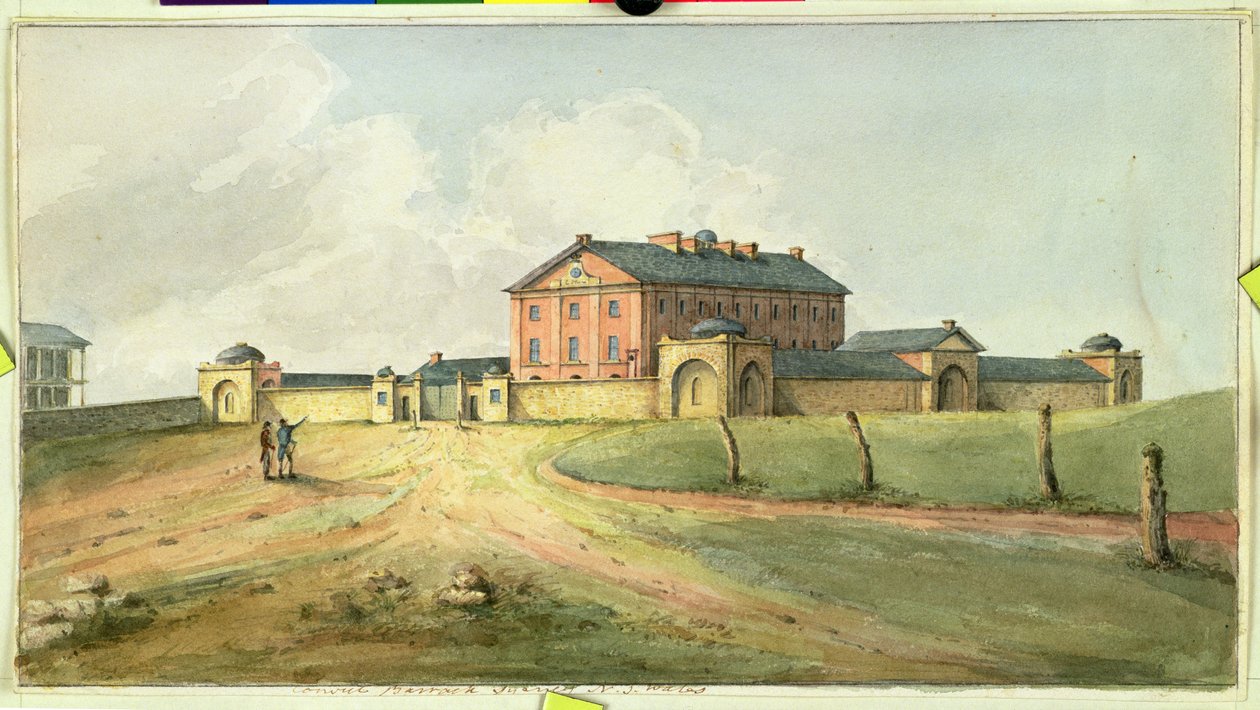 Hyde Parkin kasarmi, Sydney, noin 1820 tekijältä Joseph Lycett