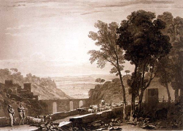 F.43.I Silta ja vuohet, "Liber Studiorumista", kaiverrus Frederick Christian Lewis tekijältä Joseph Mallord William (after) Turner