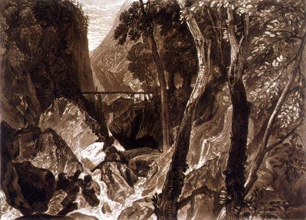 F.54.I Mylly lähellä Grand Chartreusea, "Liber Studiorumista", kaiverrus Henry Dawe tekijältä Joseph Mallord William (after) Turner