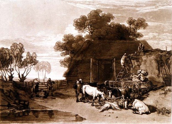 F.7.I The Straw Yard, "Liber Studiorumista", kaivertanut Charles Turner tekijältä Joseph Mallord William (after) Turner