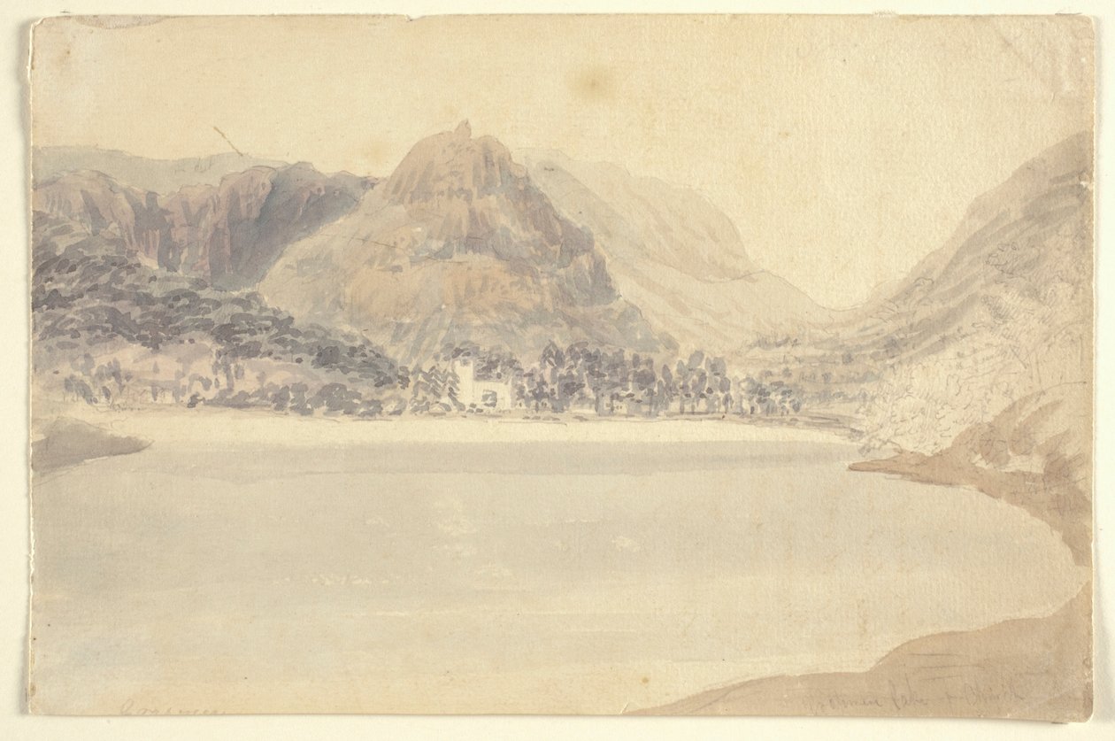Grassmere-järvi ja kirkko (akvarelli kynällä paperille) tekijältä Joseph Mallord William (attr.to) Turner