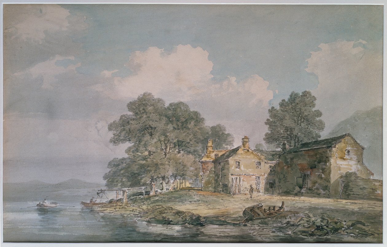 Maalaistalo järven rannalla järvialueella, n. 1797 tekijältä Joseph Mallord William Turner