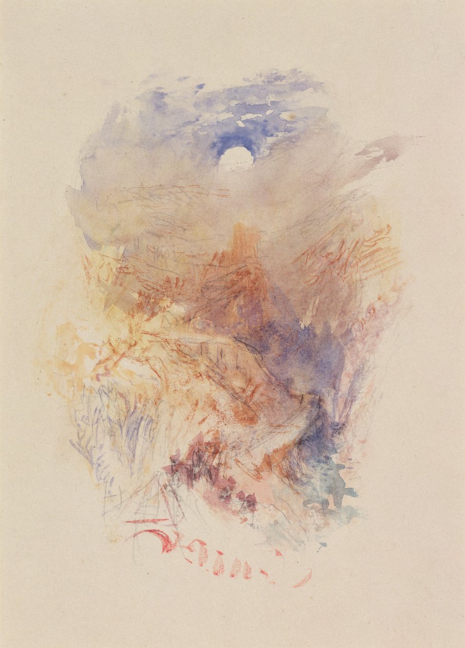 Vuorisola kuutamossa, n. 1845 (akvarelli paperille) tekijältä Joseph Mallord William Turner