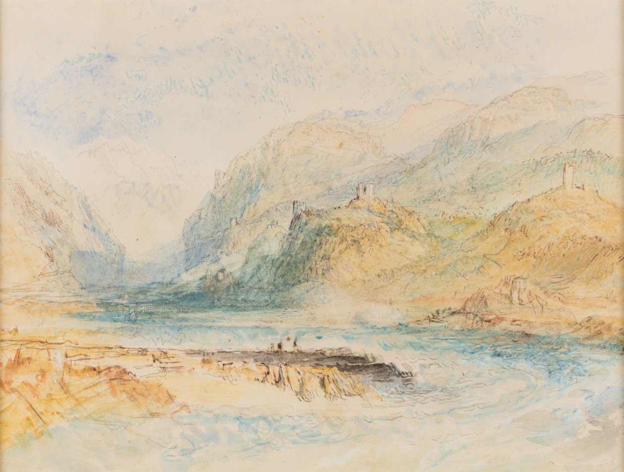 Sveitsiläinen alppilaakso, noin 1843 (vesiväri paperille). tekijältä Joseph Mallord William Turner