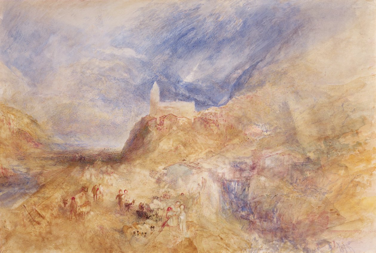 Kylä Alpeilla, Sion, n. 1846 (akvarelli paperille) tekijältä Joseph Mallord William Turner
