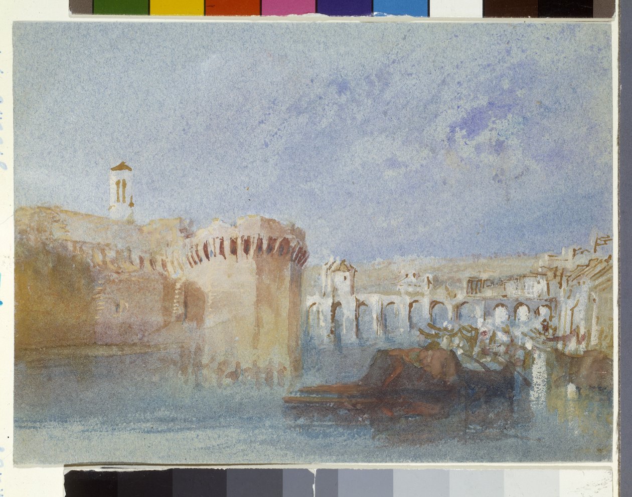 Angers: Doutren seinät La Trinité -kirkon tornilla (akvarelli ja guassi sinisellä paperilla) tekijältä Joseph Mallord William Turner