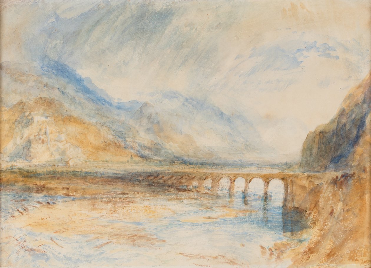 Bellinzona - Ticinon silta, noin 1843 (vesiväri paperille). tekijältä Joseph Mallord William Turner