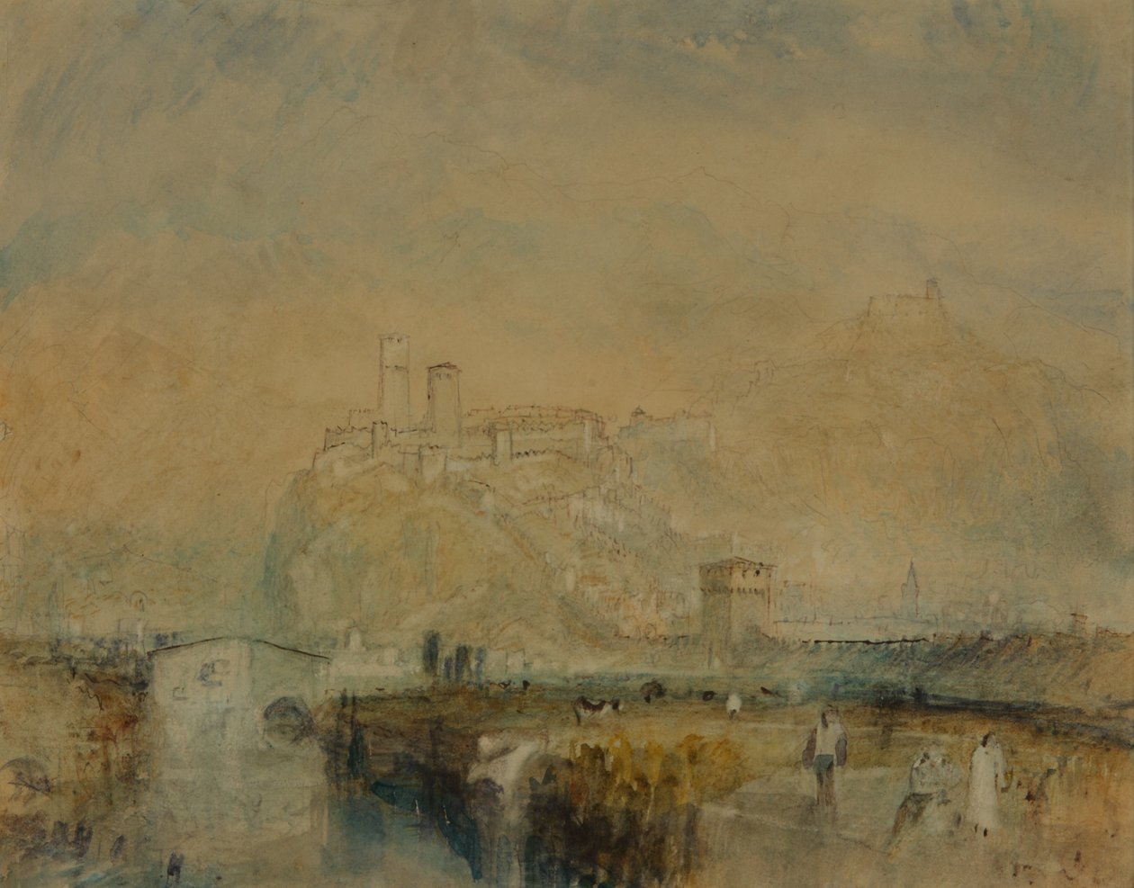 Bellinzona no. 11, Sveitsi, n. 1843 (akvarelli, kynä ja muste sekä vartaloväri lyijykynän jälkien päällä paperilla) tekijältä Joseph Mallord William Turner