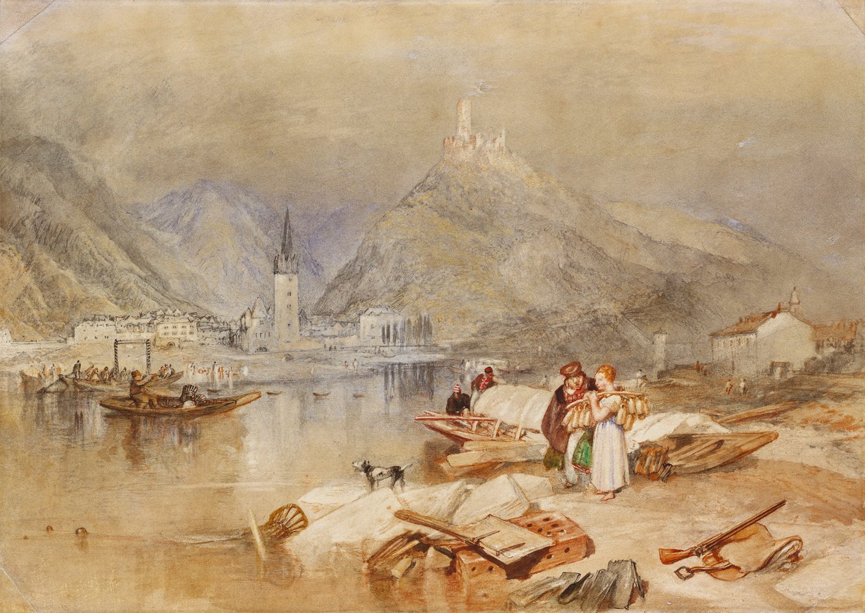 Berncastel Moselilla ja Landshutin rauniot, n. 1834 tekijältä Joseph Mallord William Turner