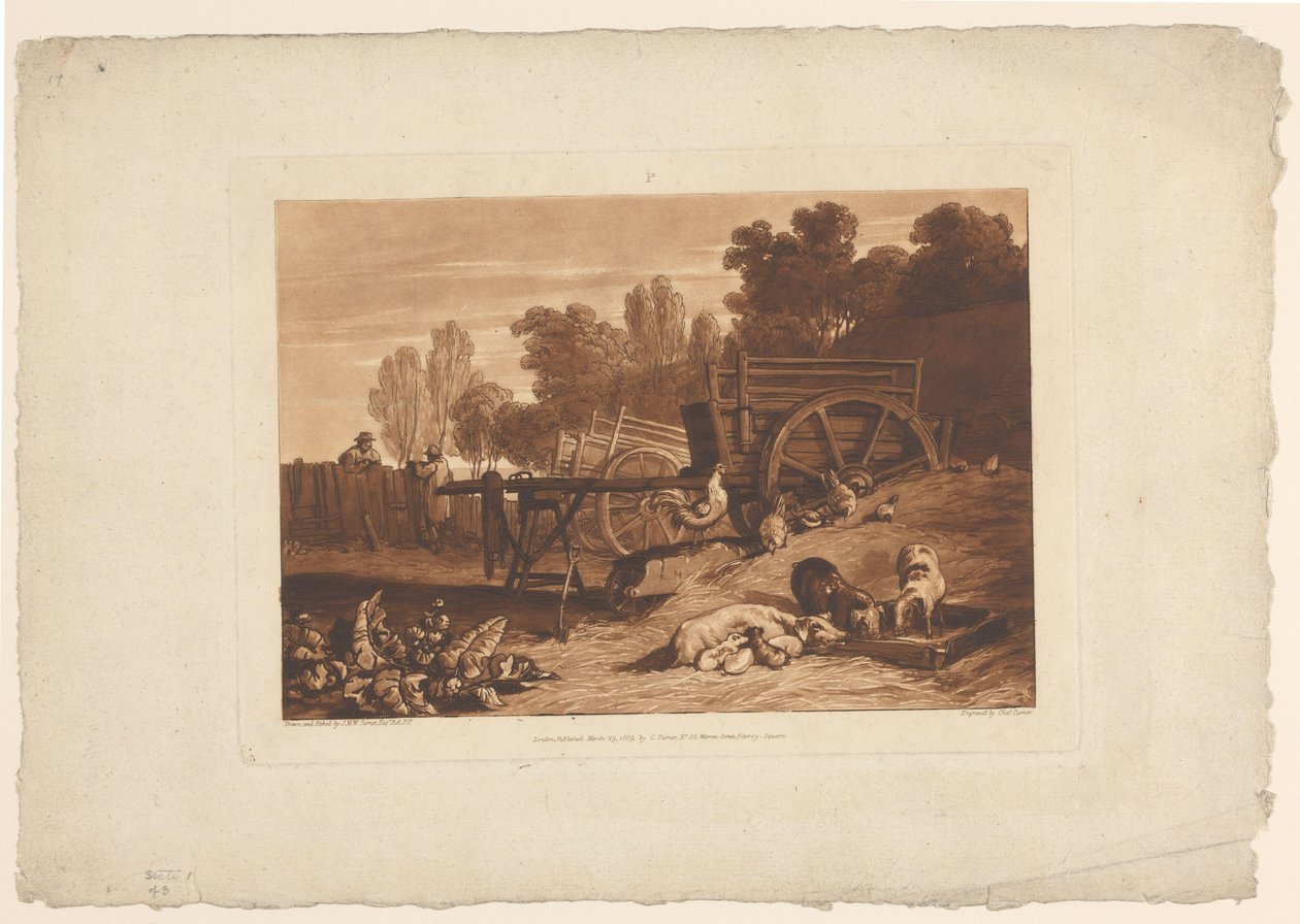 Maalaistalo, jossa kukko, kanoja ja sikoja Maatilapiha kukon kanssa Maisematutkimukset (sarjan nimi) Liber Studiorum (sarjan nimi) tekijältä Joseph Mallord William Turner