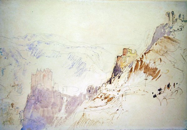 Burg Eltz pohjoisesta (lyijykynä, kynä ja punainen muste, akvarelli ja vartaloväri paperille) tekijältä Joseph Mallord William Turner