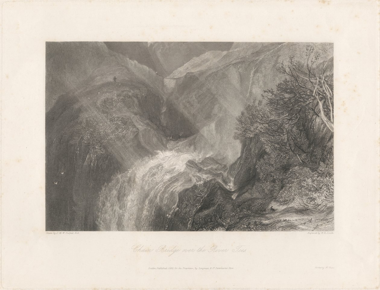 Ketjusilta Tees-joen yli, 1838 (etsaus ja kaiverrus) tekijältä Joseph Mallord William Turner